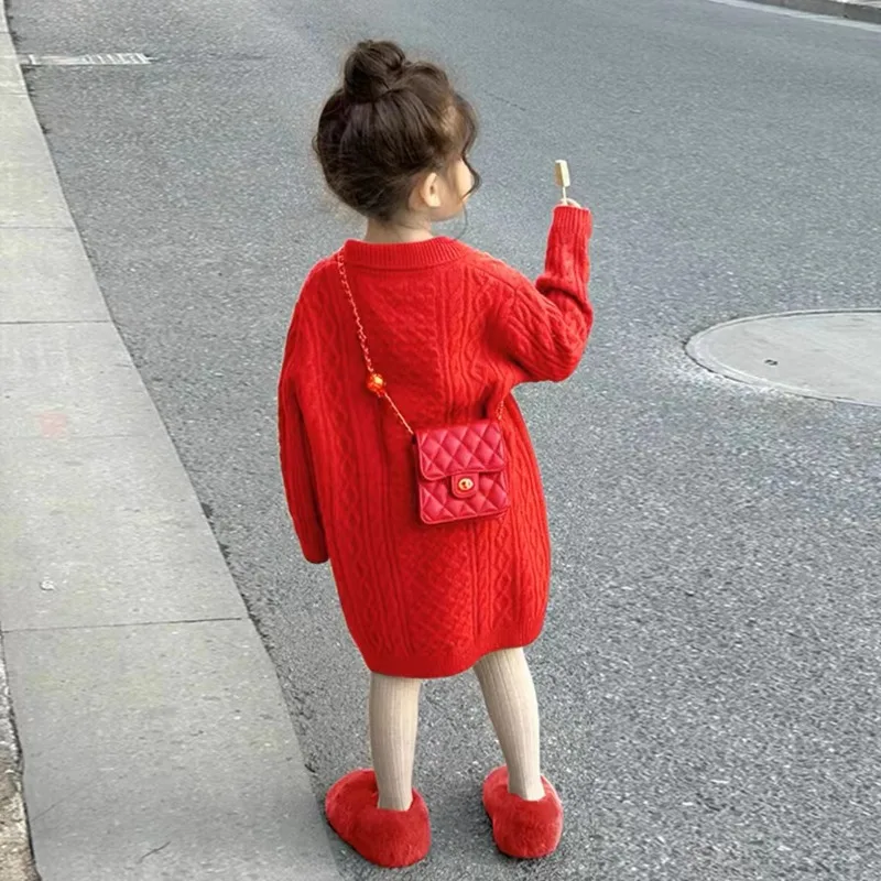 Childrens Clothing Korean Girls Versatile Dress 2025 Spring  Autumn New Girls Baby Coffee Colored Sweater Long Skirt