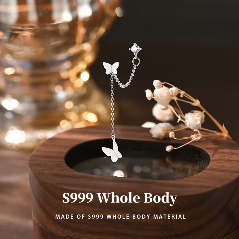 S999 Sterling Silver Butterfly Threader Drop Earrings Solid Silver Light Luxury High-End Elegant Jewelry for Women
