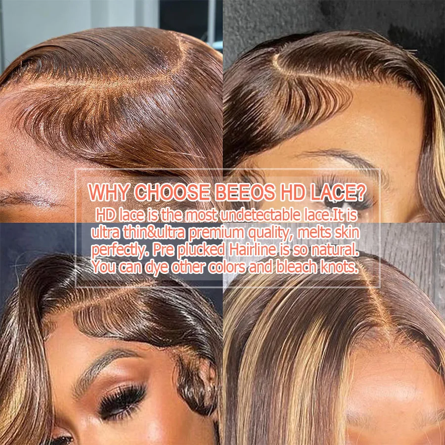 BEEOS 34in Honey Blonde Highlight 13x6 Full frontal HD Lace Wigs Straight Bleached 5x5 HD Lace Closure Wigs 100% Wigs For Women