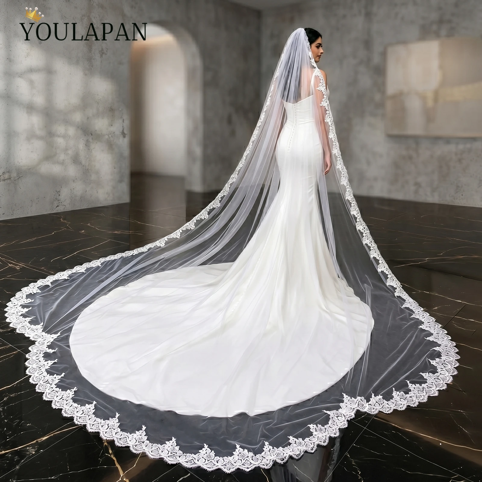 TOPQUEEN V152 Lace Wedding Veil 4 M Length Bridal Veil Cathedral Style Scalloped Edge 1 Tier Bridal Accessories Customizable
