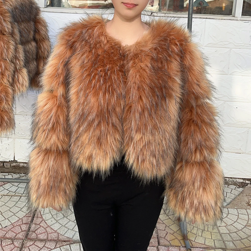 HOOOFUR Pelzmantel, Kunst-Damenjacke, Wintermode, warm, dick, Fuchs, Waschbär, Leder, Braun, Übergröße, besonders gefälschtes Fell, kalter Mantel