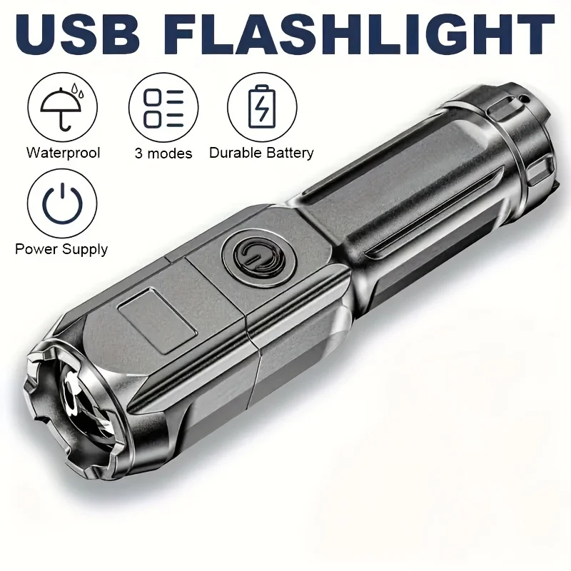 

Мини-тактический фонарик, телескопический светодиодный фонарик с зумом, USB перезаряжаемый водонепроницаемый для кемпинга, охоты, рыбалки