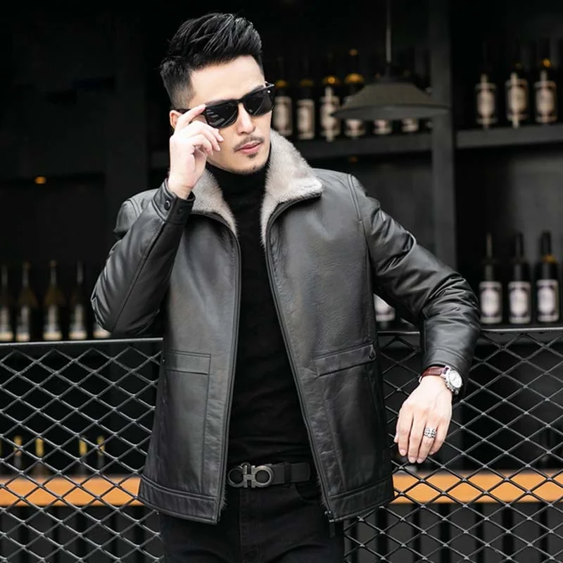 Winter Real Mink Fur Liner Cowhide Jacket Men Fashion Genuine Cow Leather Coat Casual Mens