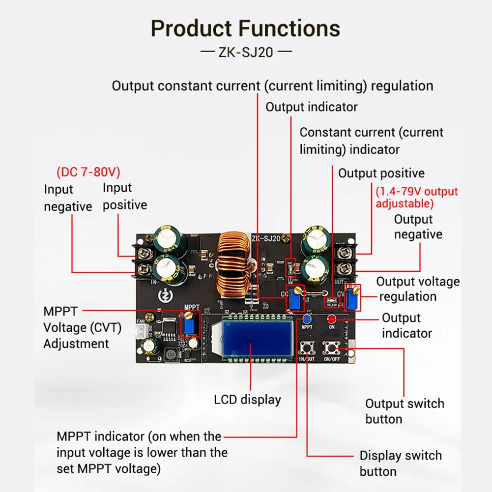 Módulo MPPT de aumento automático de ZK-SJ20 con pantalla LCD, convertidor Buck Boost, módulo de fuente de alimentación, placa ajustable