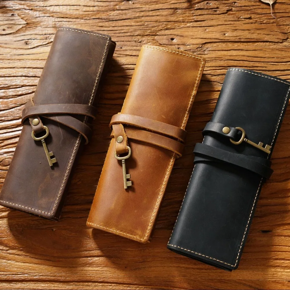 Genuine Leather Genuine Leather Pencil Case Pens Bag Tie Rope Foldable Leathe Pencil Bag Creative Retro