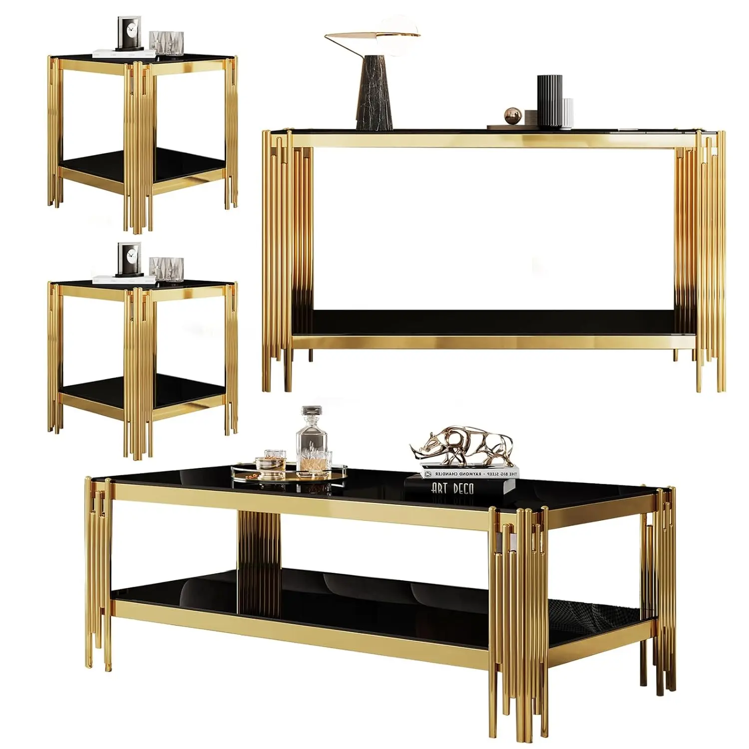 

Modern 4 Piece Rectangular Glass Coffee Table Set Black Gold Metal Frame Living Room Furniture Customized