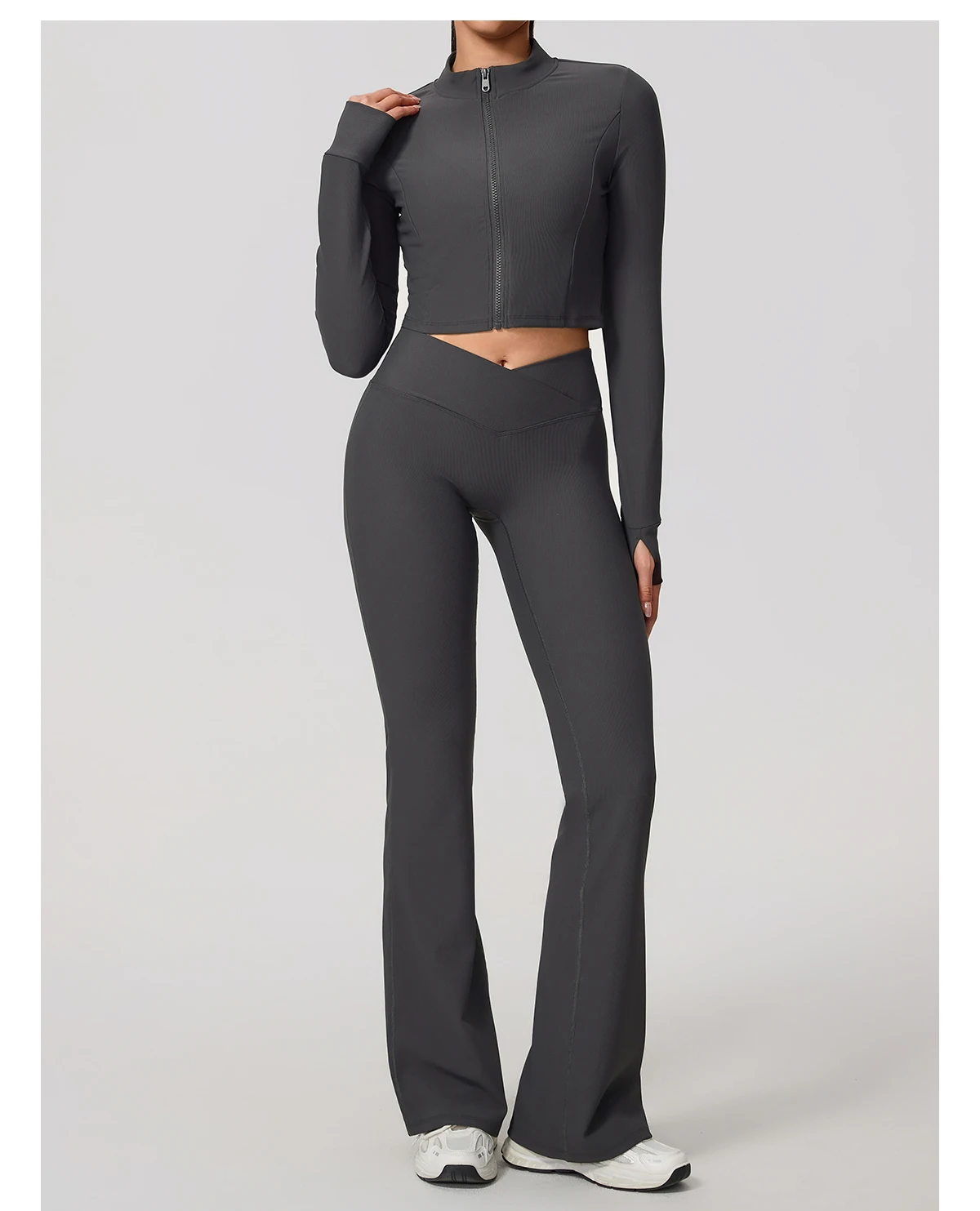 Sommer Damen 2-teiliges Langarm-Yoga-Set V-Taille Gerippte Schlaghose Sportsets Damen Fitness Gym Sportanzug – Detail 17