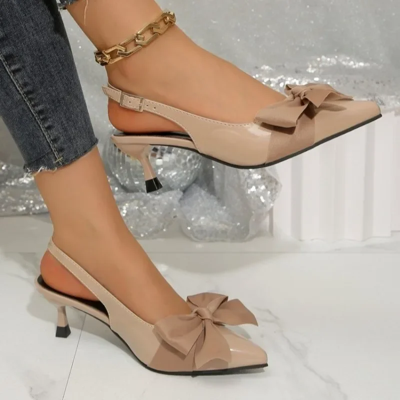

Новые модные женские босоножки на шпильке с бантом, с острым носком, на высоком каблуке, летние, с открытым задником, босоножки-баотоу