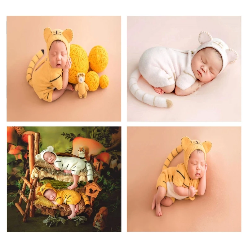 

Baby Photography Clothes Set Crochet Cute animals Costume Tiger Outfit Baby Boy Romper And Hat Newborn Photograph Props