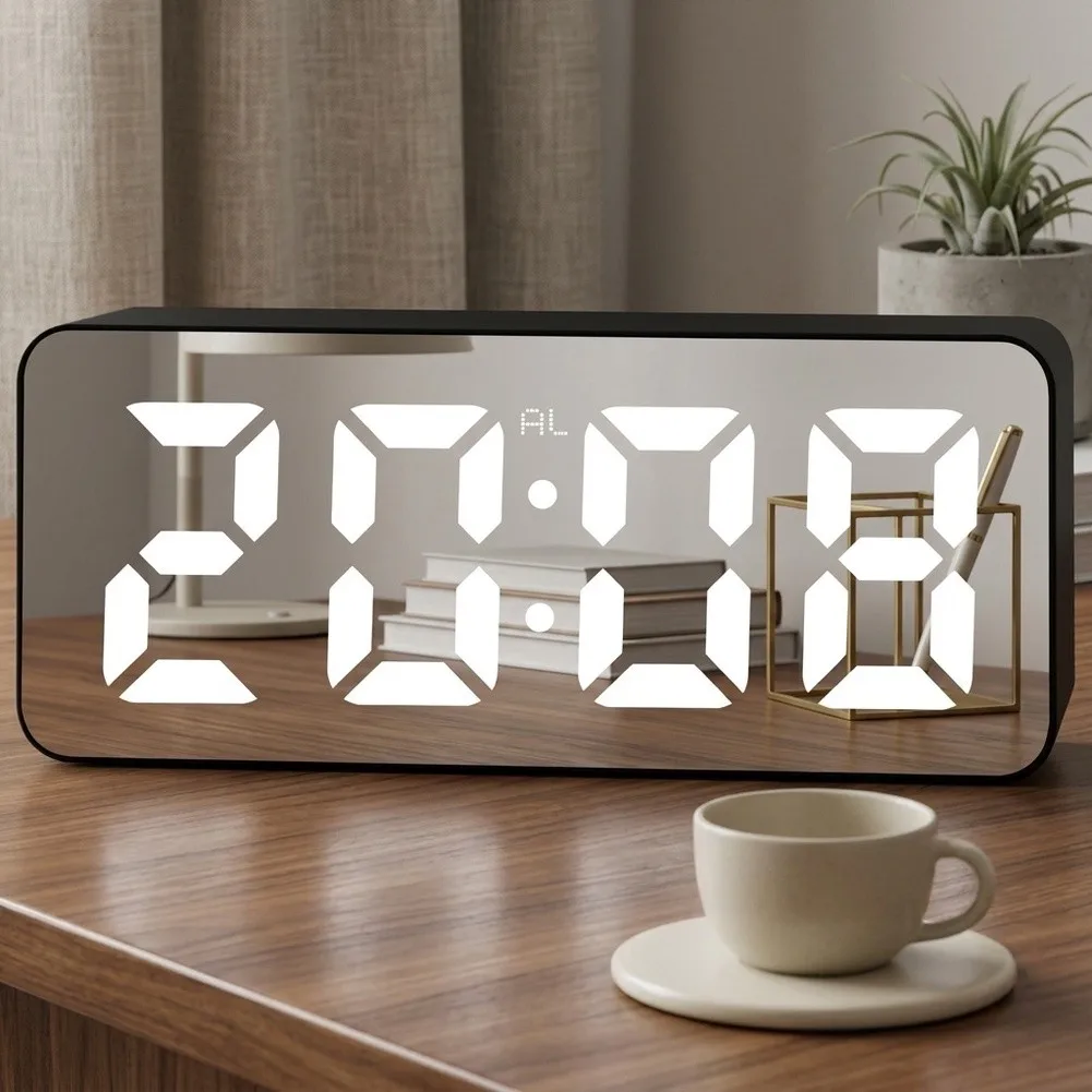 Silent for LED Alarm Clock with Bright Yet Gentle Night Light Mirror Finish 15x3.5x6cm White Plastic Digital Clock