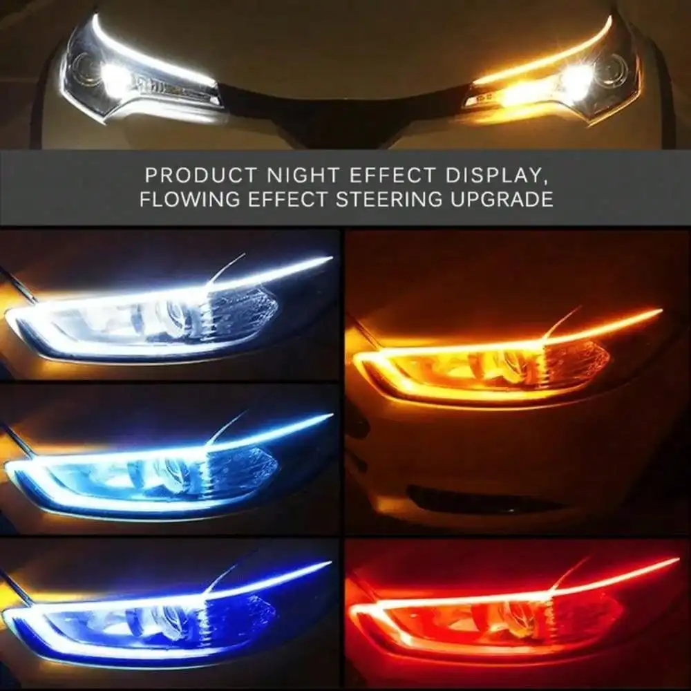 2pcs LED DRL Car Daytime Running Light Flexible Waterproof Strip Auto Headlights White Turn Signal Yellow Brake Flow Lights 12V