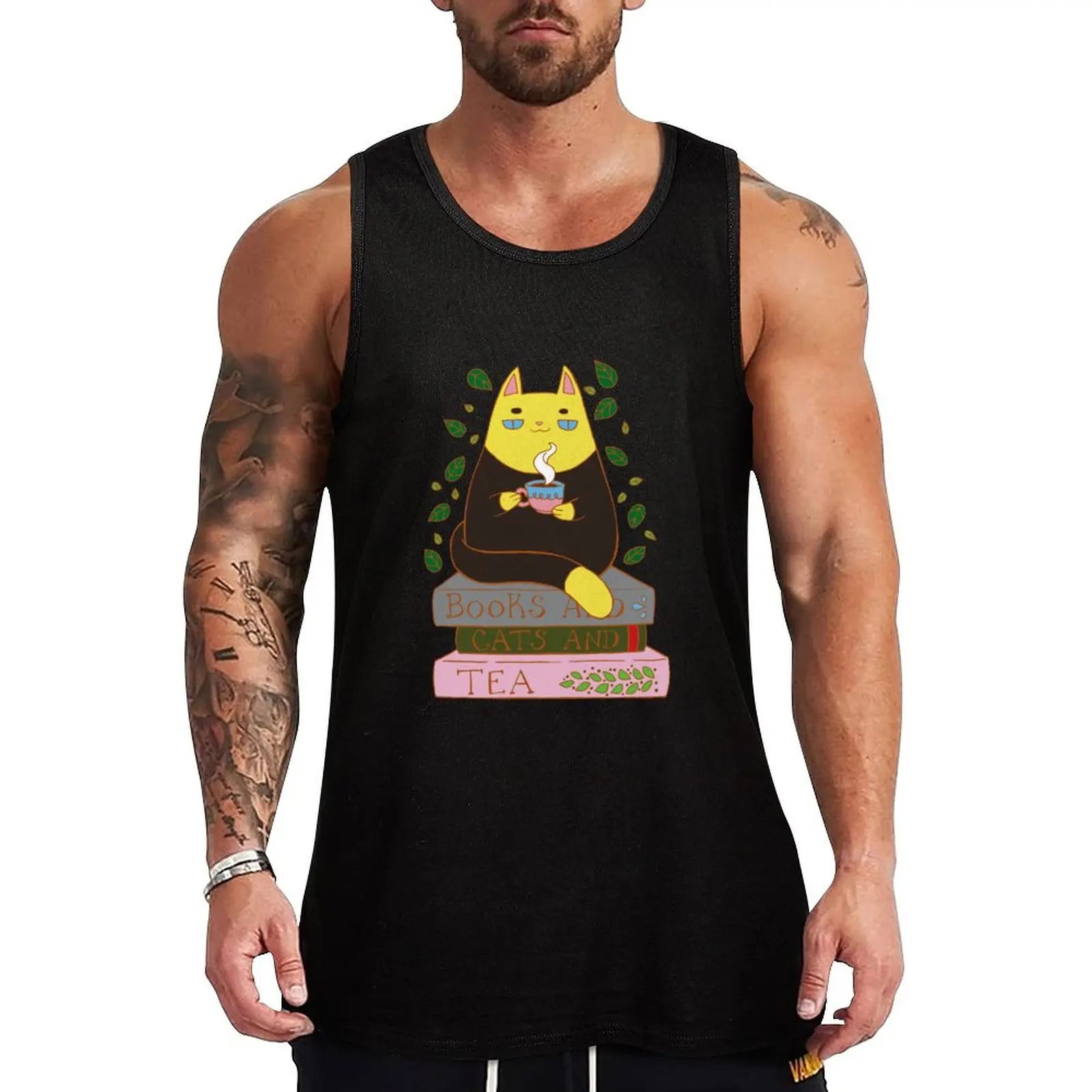 

Books And Cats And Tea Tank Top Basic Layering Tank Top Soft Cotton Sleeveless Shirt