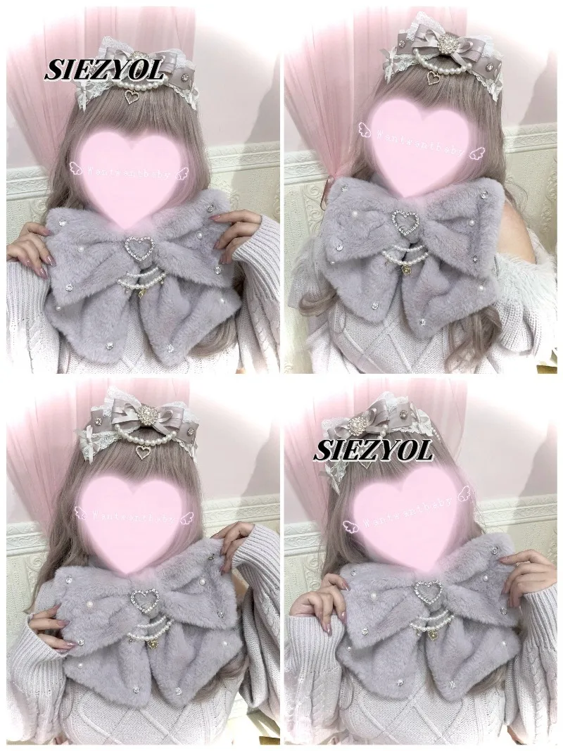 Original Japanese Mine Series Mass-produced Lolita Pearl Rhinestone Plush Scarf Imitation Rabbit Fur Bow Warm Scarf Scarves