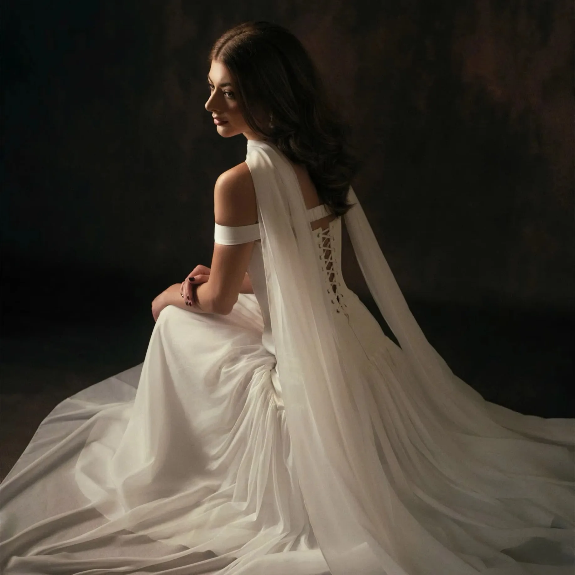 Dream A Line Wedding Dress Off Shoulder Satin Georgette Bridal Gown with Halter Cape Lace Up Back Vintage Formal Wedding Dress