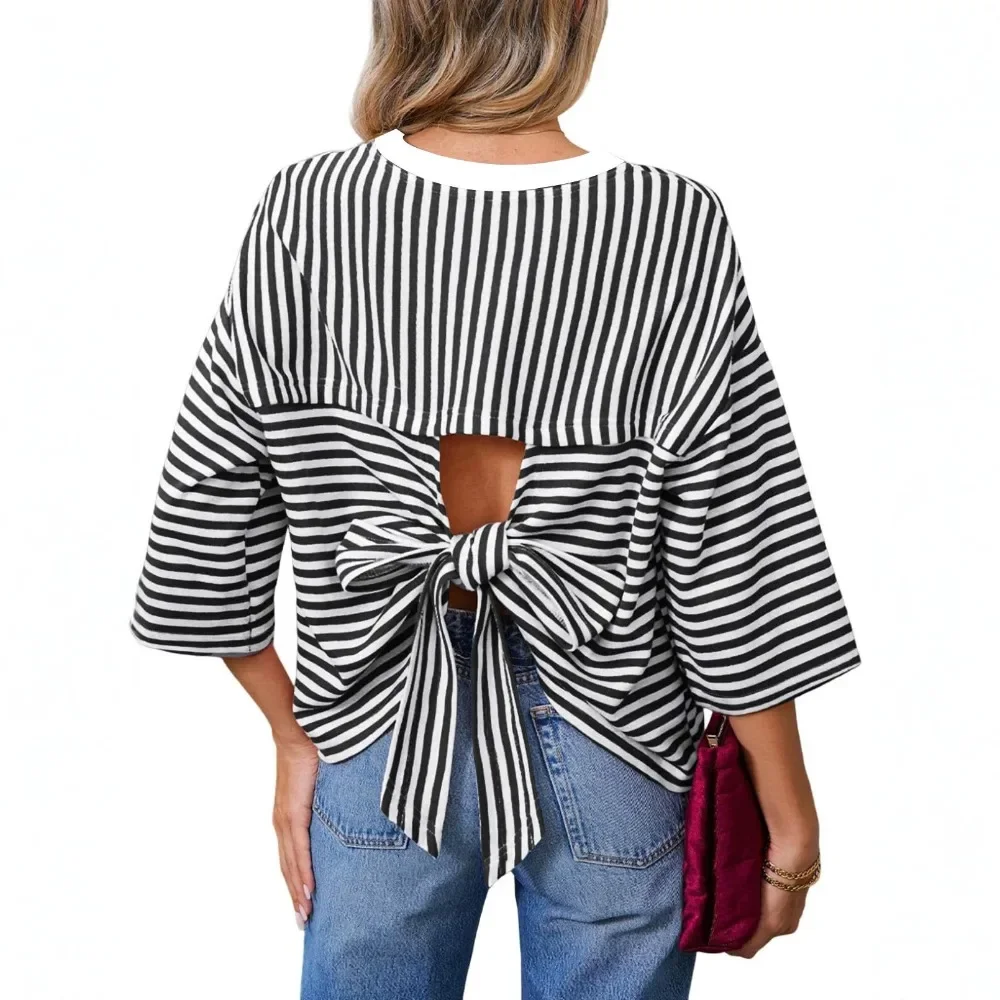 Women Crew Neck Striped Blouse Back Cutout Tie Bow Loose Casual Short Sleeve Fashion Tops
