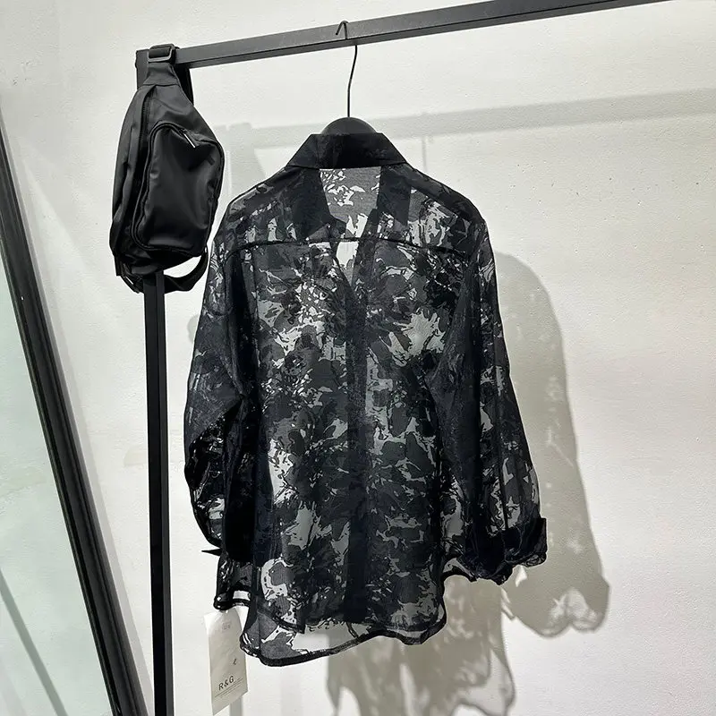 Black Shirt Translucent Delicate Top Loose Slightly Transparent Sexy Fashion High Sense Western Style for Men and Women