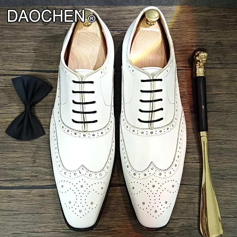 ELEGANCKIE BUTY MĘSKIE OXFORD BIAŁE Sznurowane PUNKTOWANE BUTY BROGUE FORMALNE BUTY ŚLUBNE BIUROWE CZARNE PRAWDZIWE SKÓRZANE BUTY MĘSKIE