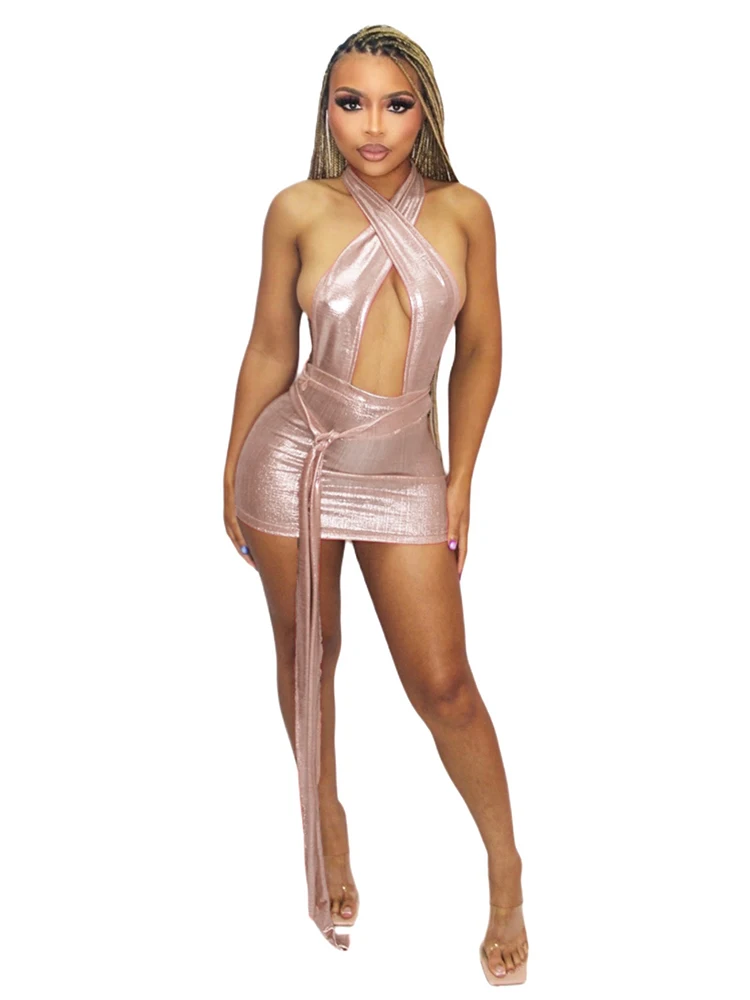 Weird Puss Hottie-vestido Halter sedoso para mujer, vestido Bandage con espalda descubierta, calado, Sexy, melocotón, cadera, Hipster, ropa de calle, ceñido al cuerpo elástico