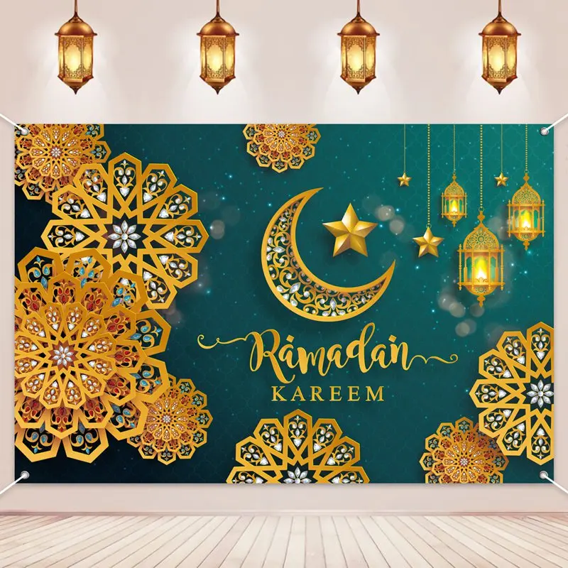 Ramadan Kareem Backdrop Photo Booth Background With Moon Star Castle Pattern Eid Mubarak Background for Backyard Al-fitr Gift