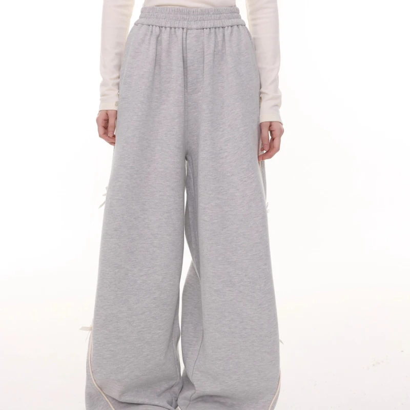 Autumn Design High-Waisted Slimming Bow Women's Long Pants American Retro Gray Loose Versatile Casual Wide-Leg Trousers Ladies