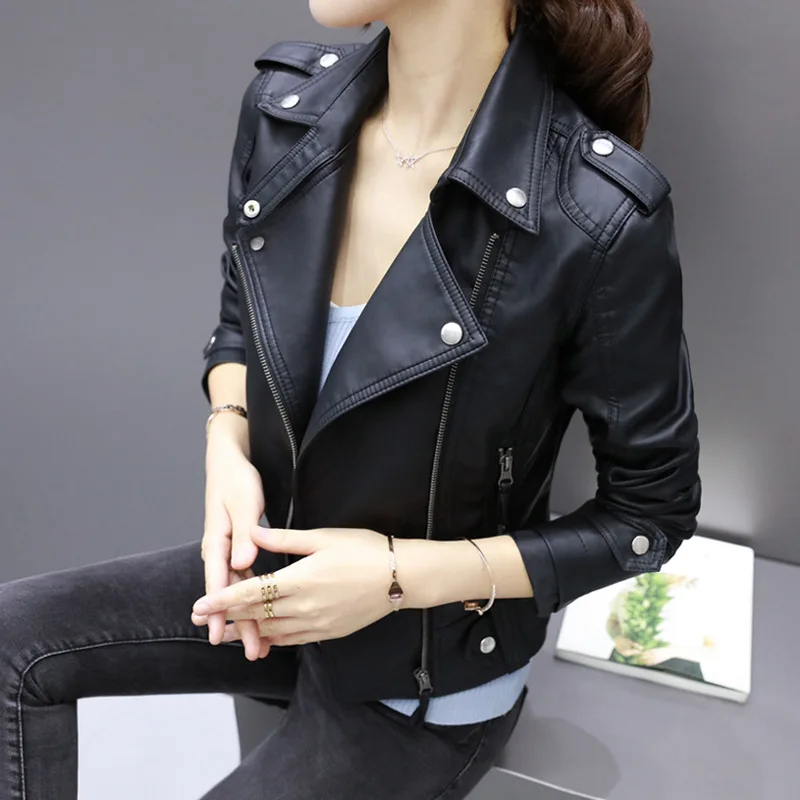 

Spring Autumn 2025 Women's Short Biker Jacket Slim Fit Korean Style Large Size Short Coat PU Leather Thin Model No Brand