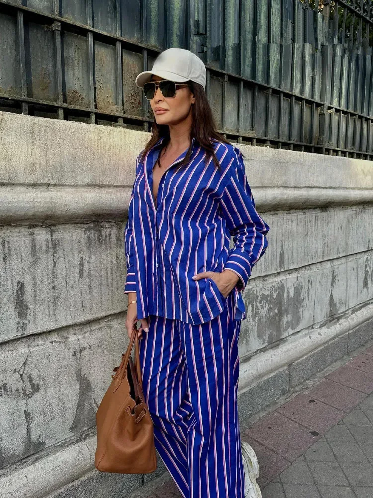 Women\'s Striped Long Sleeved Shirt Top Commuter Versatile Elastic High Waist Straight Leg Pants 2 Pieces Set Women Casual Outfit