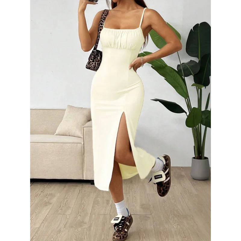2025Spring and Summer New International StationtkWomen's Simple Style Dress High Waist Split Slim Fit Strap Midi Dress
