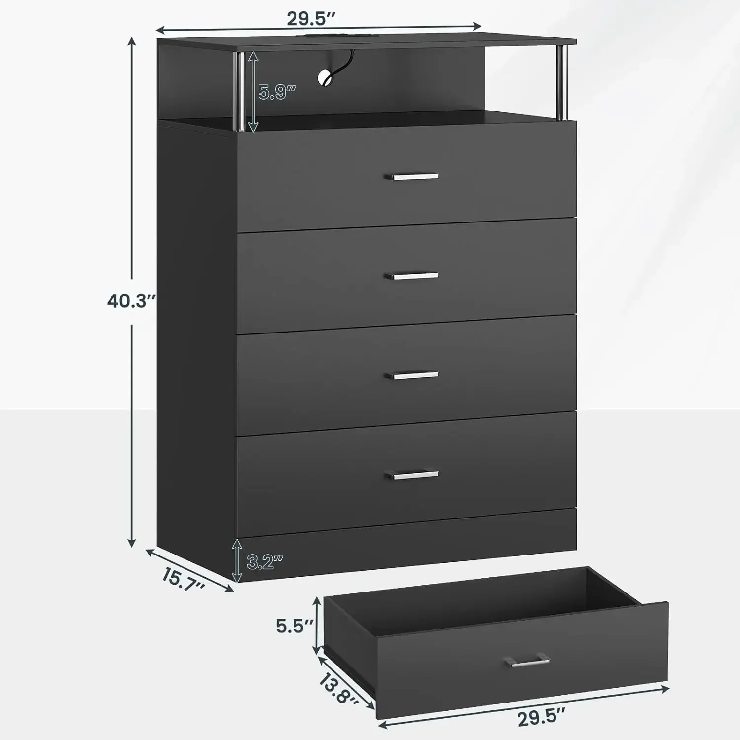 Dresser for Bedroom with Column Design, 4 Drawer Dresser with Charging Station, Modern Bedroom Led Tall Black Dresser