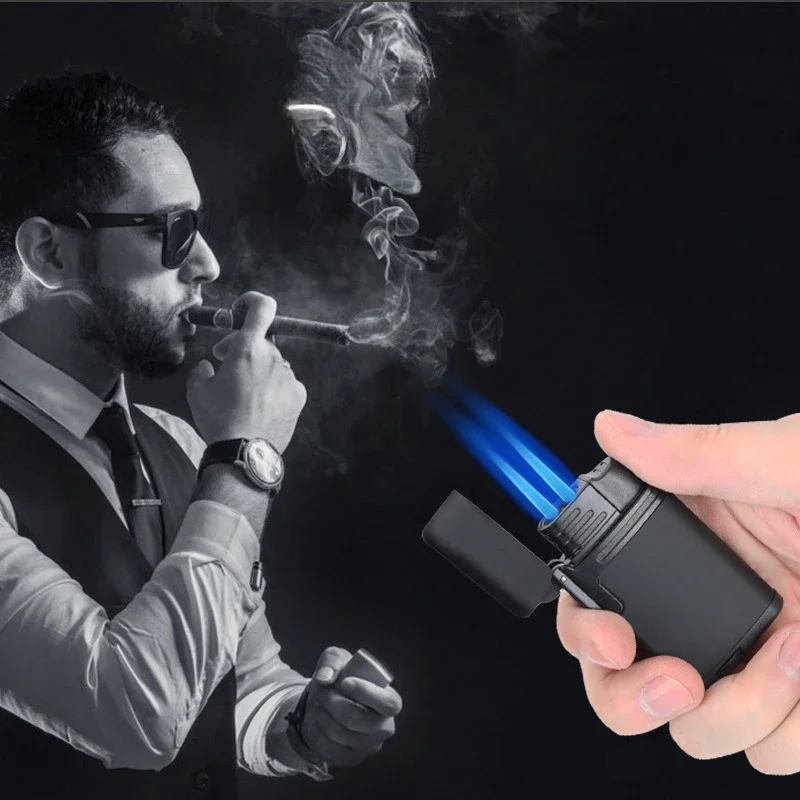 

New Metal Windproof Dual Straight Forward Personalized Men's Cigarette Lighter, Blue Flame Inflatable Igniter Lighters Smoking