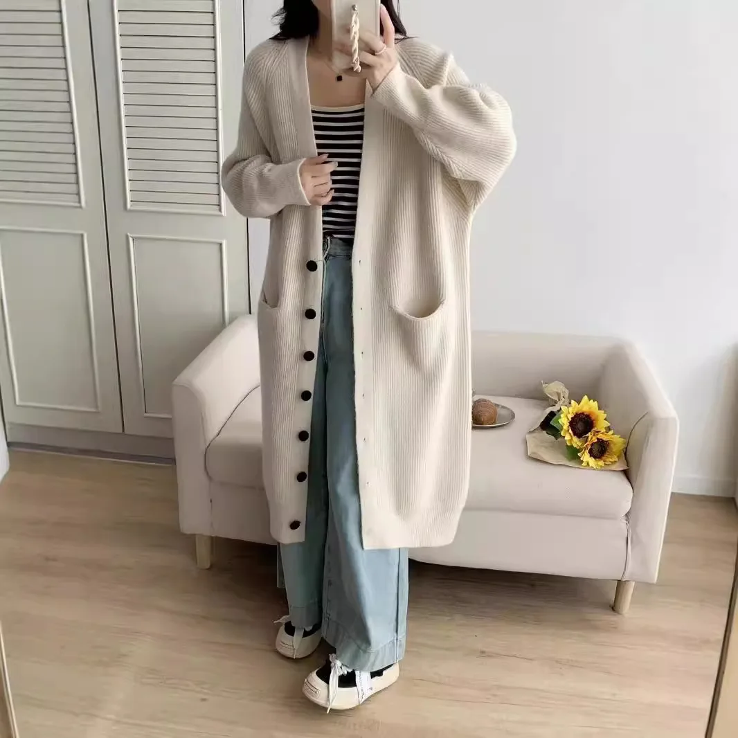 

Long Knitted Cardigan Women Vintage Lantern Sleeve Elegant Spring Autumn Jumper Outerwear Sweaters Sweater Coat Jacket E11154