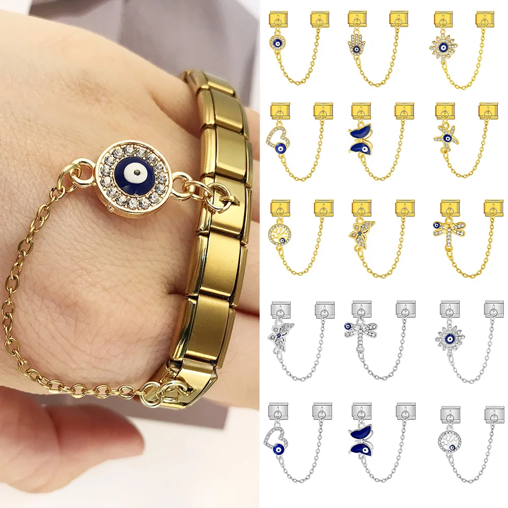 

For Women Fashion Gift Evil Eyes Butterfly Pendant With Hanging Chain Italian Charms Links 9mm Bracelet Stainless Steel Jewelry