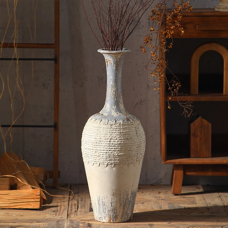 Wabi Sansan retro nostalgic study large vase ornament coarse pottery age sense floor dried flower vase decoration home