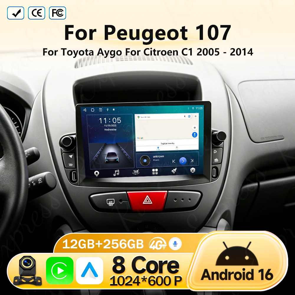 

Android 16 For Peugeot 107 For Toyota Aygo For Citroen C1 2005 2006 2007- 2014 Car Radio GPS Navigation Multimedia Video Player