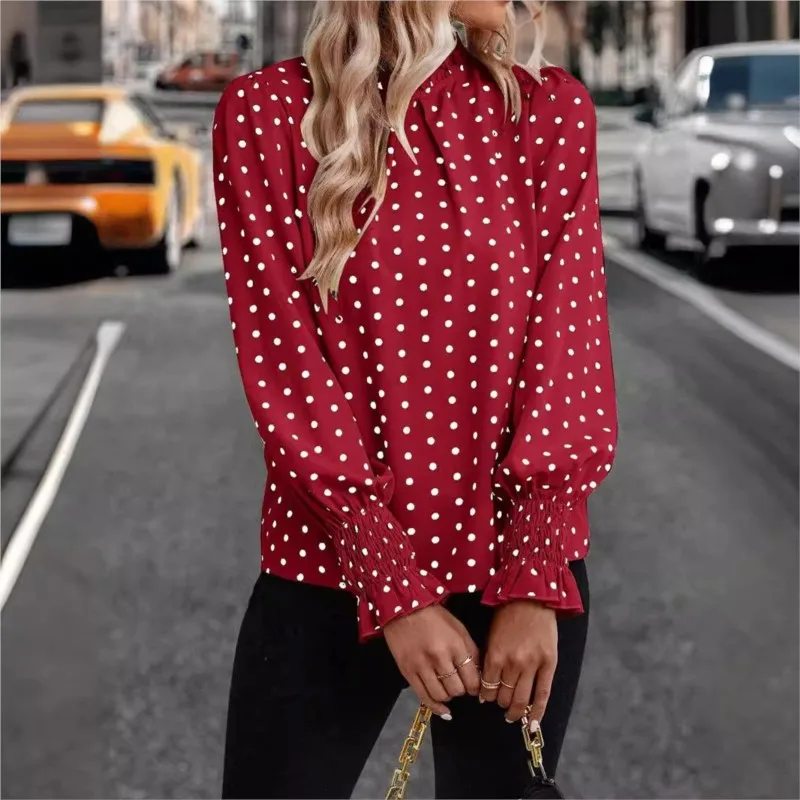 

Women's Polka Dot V Neck Long Sleeves Shirts Ruffles Spliced Blouses 2024 Casual Female Pullover Loose Basics Blouse Streetwear