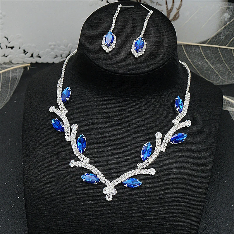 FYUAN Geometric Rhinestone Necklace Earrings Women Pink Red Blue Green Crystal Earrings for Wedding Bride Jewelry Sets