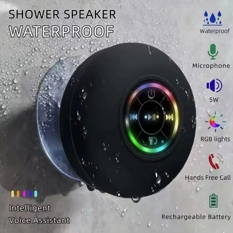 Altavoz Bluetooth Portátil con Luz LED, Resistente al Agua IPX4, para Baño y Exteriores, con Ventosa para Pared, Mini Caja de Sonido Estéreo