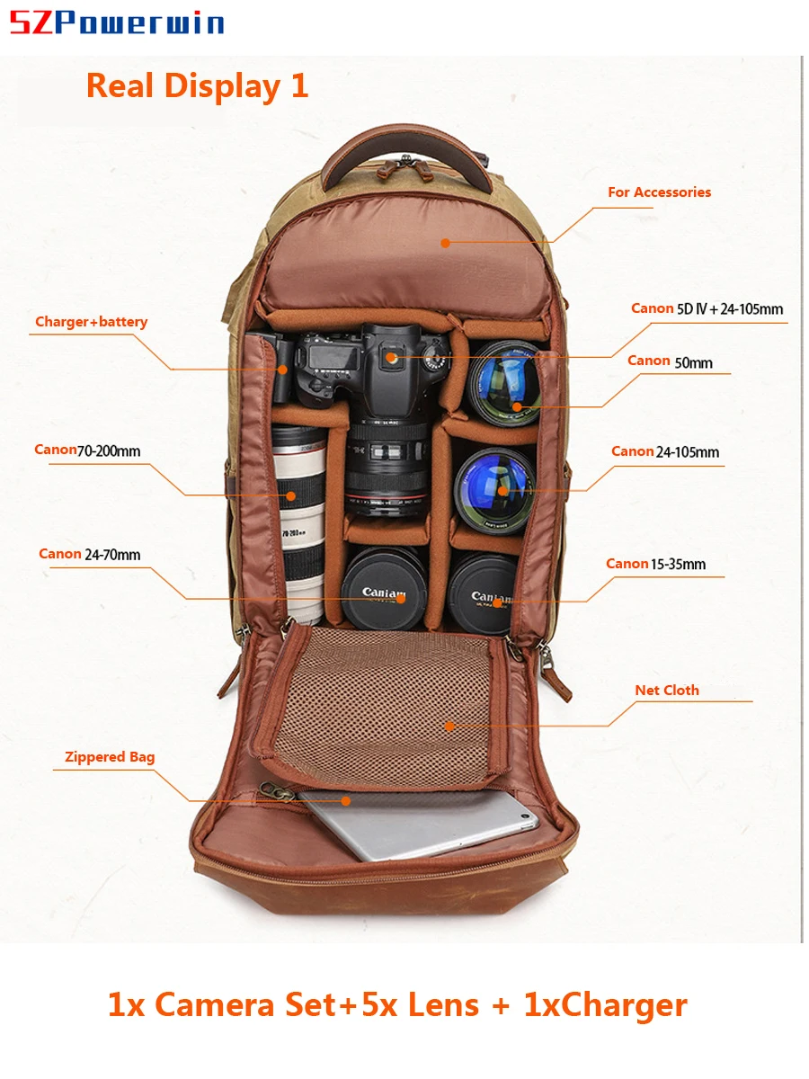 Powerwin Professional Waterproof DSLR Camera Backpack USB Chargering Canvas Top Layer Cowhide Leather Bag for Lens Laptop