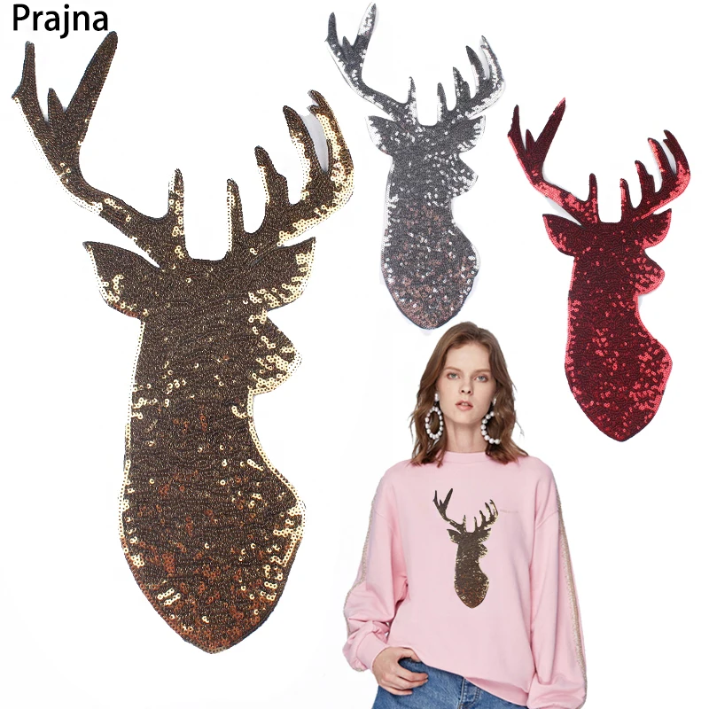 Prajna Christmas Decorations Elk Gold Silver Deer Sequin Appliques Embroidery Iron On Patches Sewing Patch Stickers For Clothing