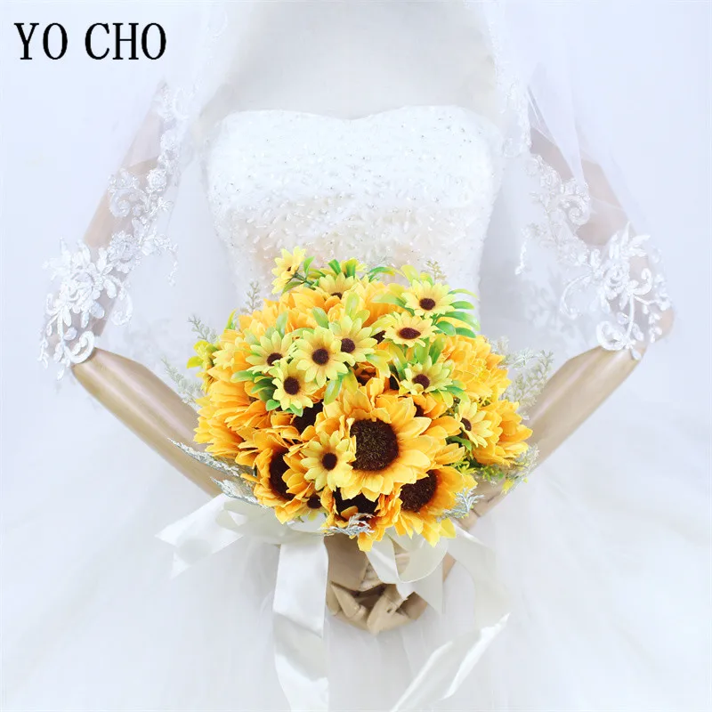 

Sunflower Wedding Bouquet for Bridal Bridesmaid Holding Flowers Silk Satin Ribbon Artificial Sunflower Wedding Decor Bouquet