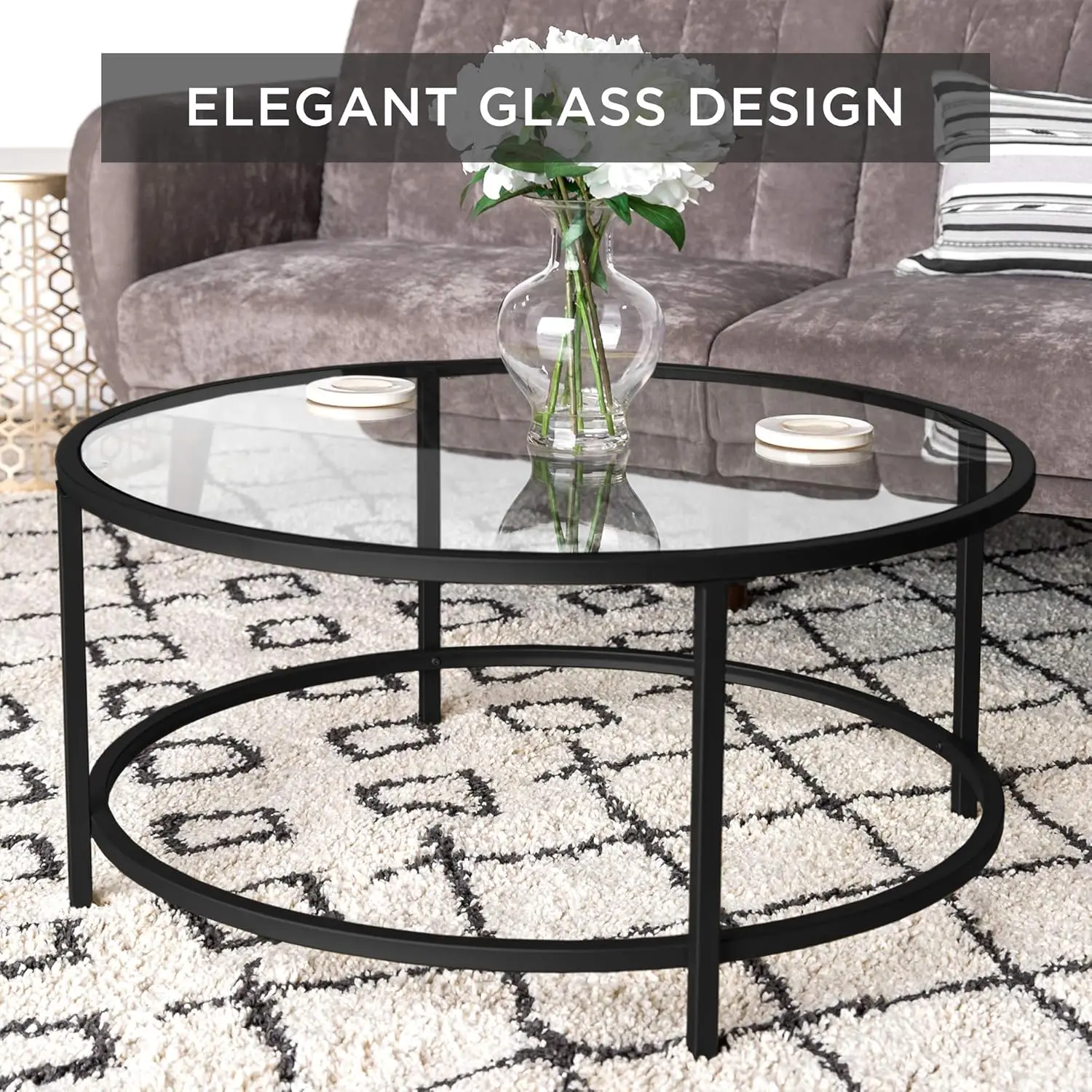 36in Modern Round Tempered Glass Accent Side Coffee Table for Living Room, Dining Room, Tea, Home Décor w/Metal Frame