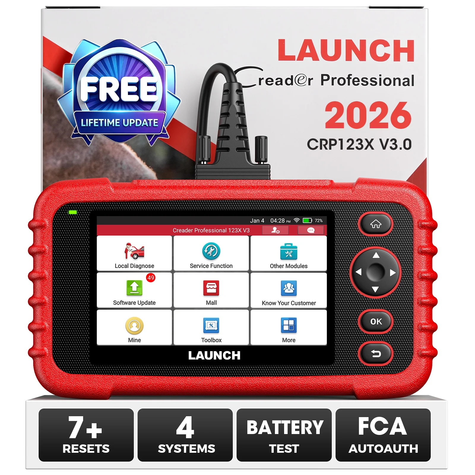 LAUNCH CRP123X V3.0 64GB OBD2-Scanner Diagnosegerät, 4-System-Fahrzeug-Codeleser mit 7 Reset-Funktionen, ABS SRS Motor Getriebe, 90+ Automarken, lebenslange kostenlose WiFi-Updates, AutoVIN, 2G+64G,