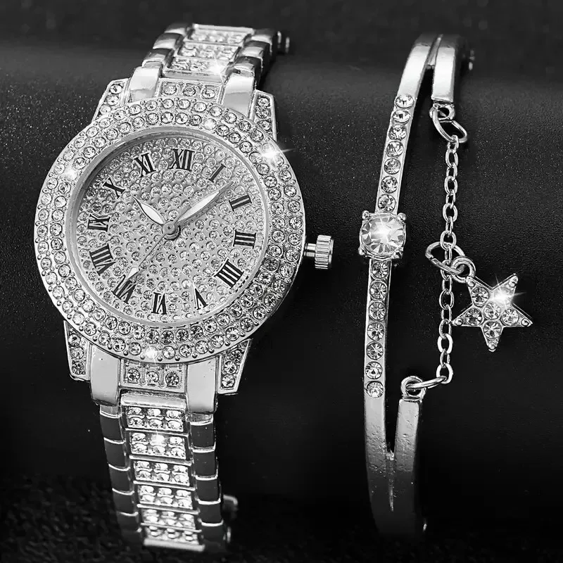 2pcs Women\'s Fashion Trend Star Digital Roman Full Diamond Steel Band Quartz Watch Luxury Luxury Love Rhinestone Bracelet Set