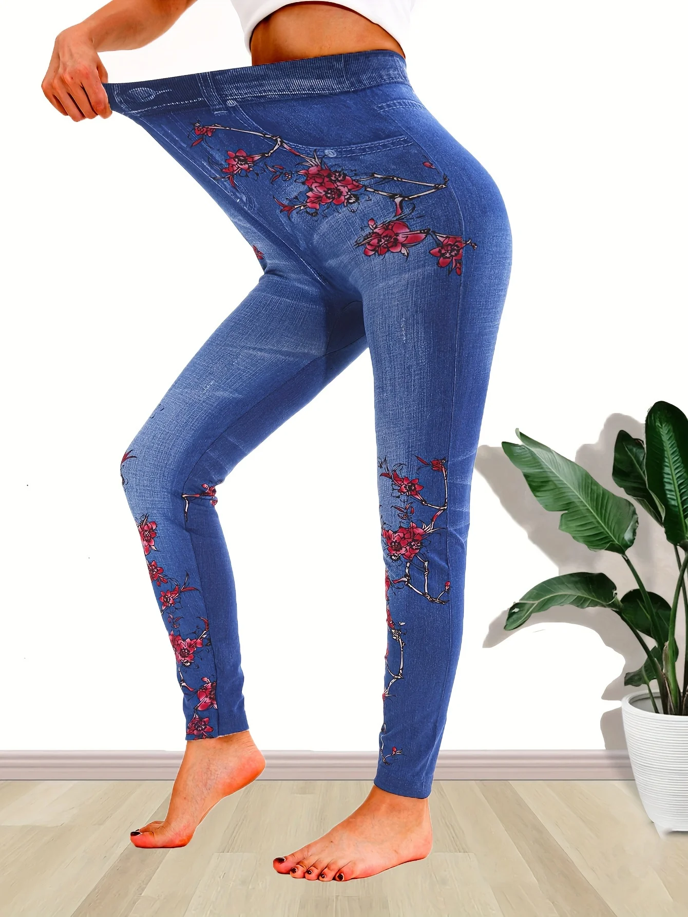 Fashionable Casual Fitness And Sports Women's Leggings Imitating Denim Tight Fitting Elastic Plum Blossom Print Cropped Pants