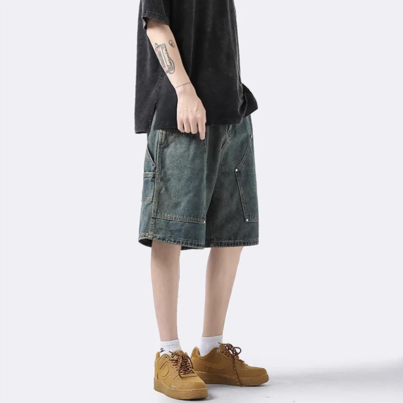 Pantalones cortos de mezclilla holgados para hombre, ropa de calle de gran tamaño, Hip Hop, moda coreana, ropa Kpop Vintage, azul, Y2k, Verano
