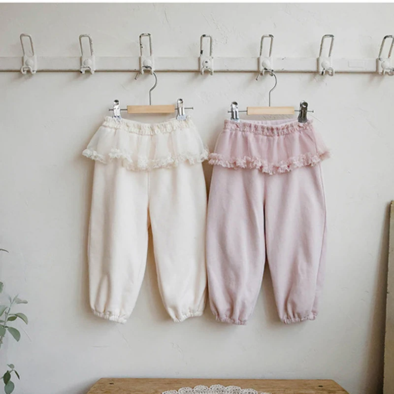 

Children's Clothes Korean Girls' Lace Splicing Casual Pants Autumn Fashion Warm Cotton Elastic Trousers Kids Loose Sweatpants