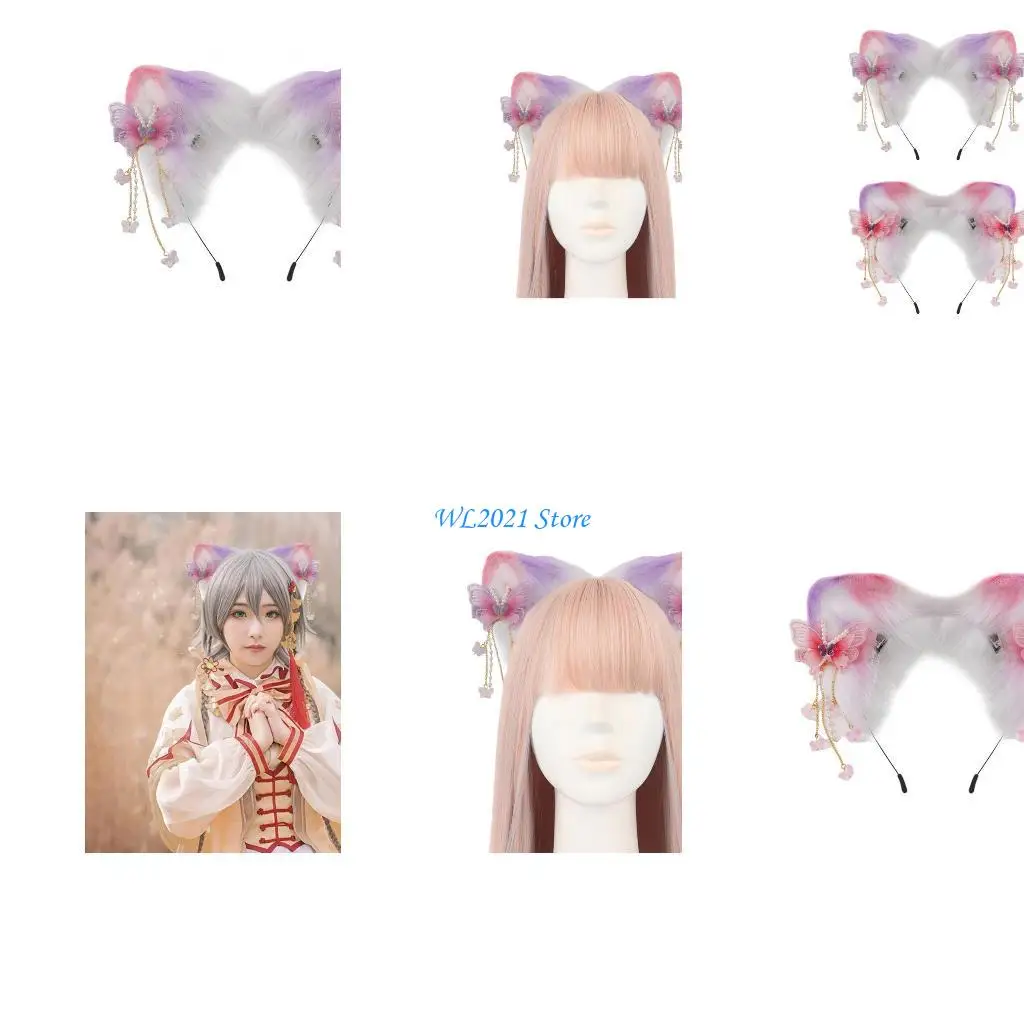 

G5GC красочный обруч для волос с кошачьими ушками для косплея и бабочкой/цветком, женская повязка на голову для подростков для