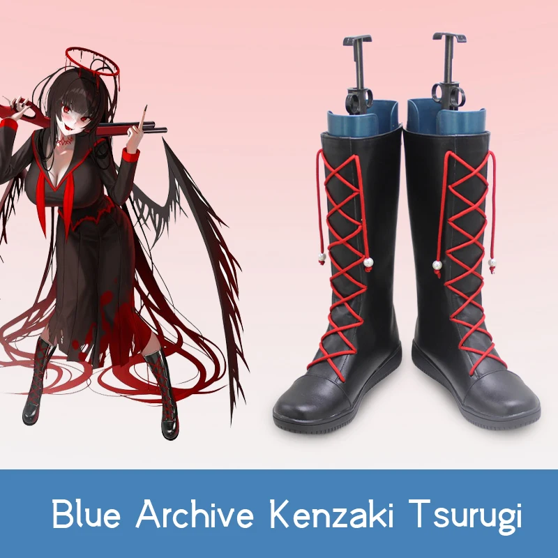 Game Blue Archive Kenzaki Tsurugi Cosplay Prop red rope Black Cool customize Bow Mid-calf boots Shoes A