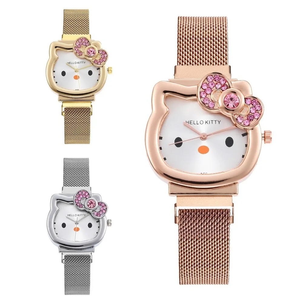 

Sanrio Hello Kitty Diamond Quartz Watch for Women Girls Fashion Cartoon Steel Belt Watches Action Figure Toys Kids Birthday Gift