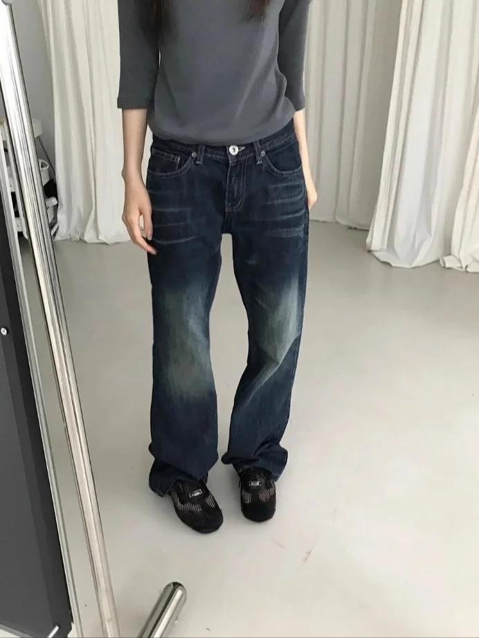 Cintura baixa k wa casual retro rua sle jeans feminino destrido fino ajuste perna reta jeans fabricante chinês