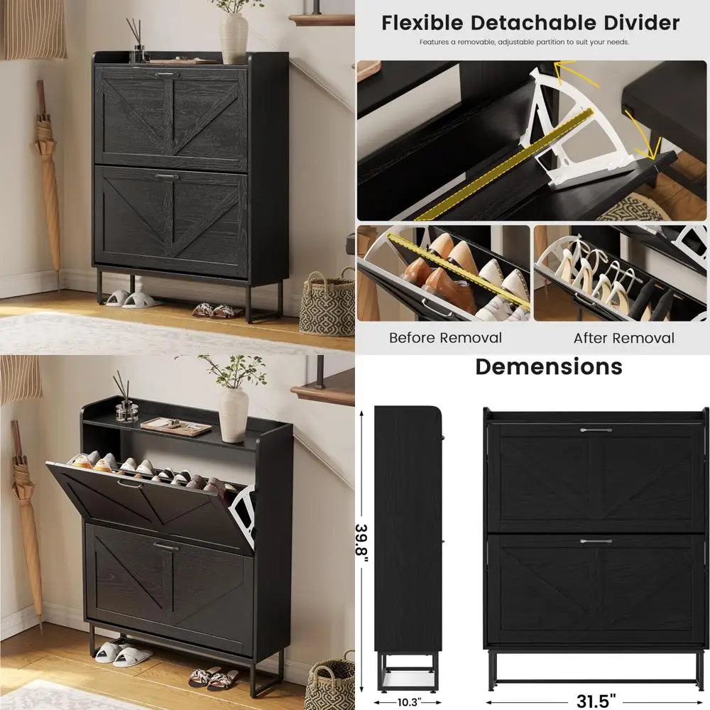 Freestanding Narrow Shoe Storage Cabinet with Flip Drawers, Farmhouse Style Metal Leg Organizer